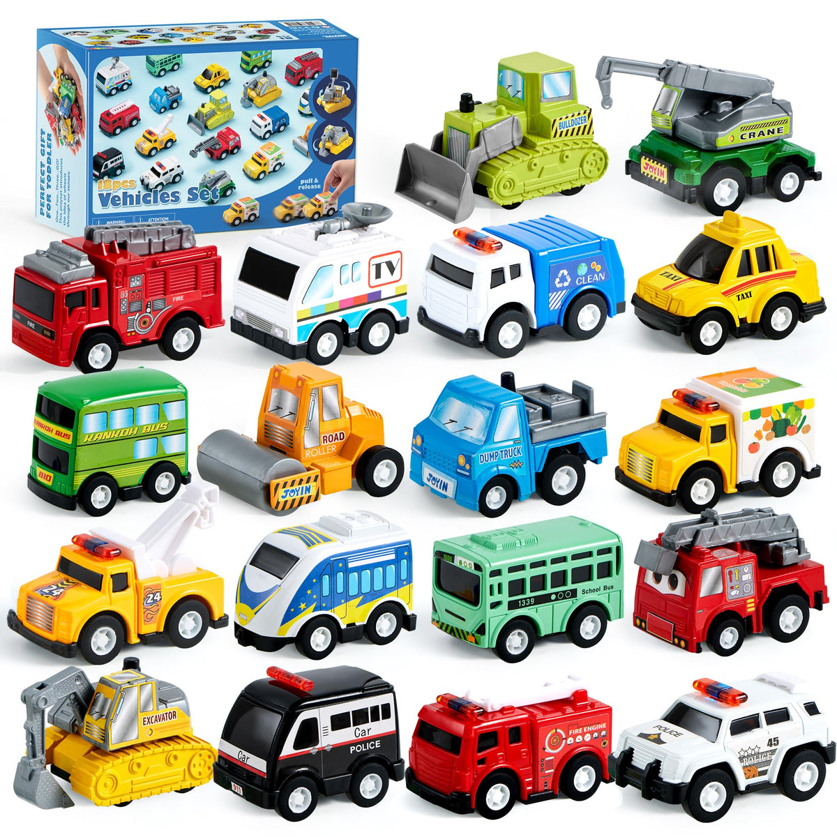 JOYIN 18 Pcs Pull Back City Cars and Trucks Toy Vehicles Set, Friction Powered Mini Cars Toys for Toddlers, Party Favors for Kids 3-5, Christmas Stocking Stuffers, Goodie Bag Stuffers 🍁 All In One Marketplace Canada