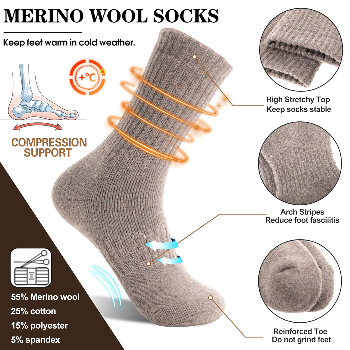 MOGGEI Womens Merino Wool Socks for Hiking Thermal Warm Thick Winter Cozy Crew Cabin Ladies Comfy Work Gift Boot Socks 5 Pairs(Beige/Khaki/Grey/Black) 🍁 All In One Marketplace Canada