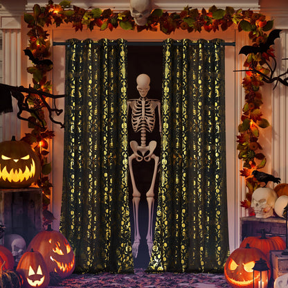 Rideaux d'Halloween NICETOWN, 84 pouces de long, rideaux transparents effrayants avec motifs de crânes, décorations de fête avec squelettes et citrouilles, habillage de fenêtre pour intérieur et extérieur, design à œillets, L52 x H84, noir, 2 panneaux