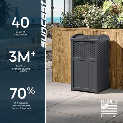 Suncast 33 Gallon Wicker-Style Hideaway Trash Can with Secure Latching Lid and Weather-Resistant Construction for Patio, Cyberspace Grey, Made in the USA Suncast