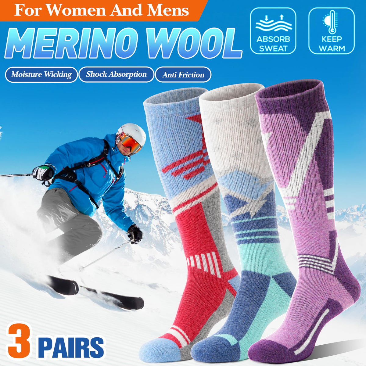 Merino Wool Ski Socks for Mens Womens Winter Thermal Warm Thick Snowboarding Skiing Knee High Socks for Cold Weather 3 Pairs Gifts Stocking Stuffers(Mixed Color,M) 🍁 All In One Marketplace Canada