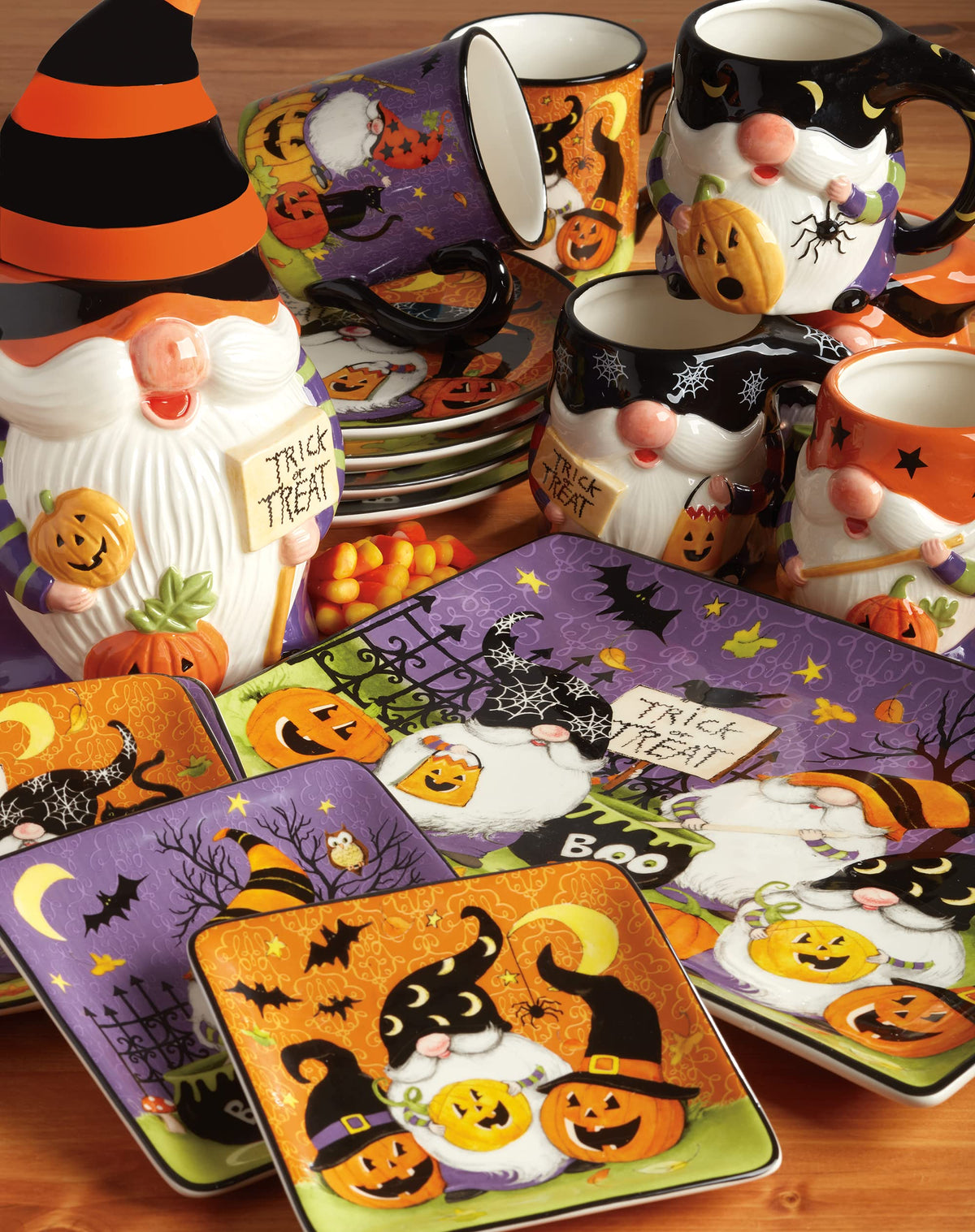 Certified International Halloween Gnomes 6" Canape/Luncheon Square Plates, Multicolor, Small, Set of 4