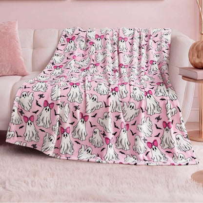 Couverture en peluche Juicy Couture à motifs de fantômes girly pour Halloween, jeté décoratif doux en polyester pour canapé ou lit, rose clair, 50" x 60"