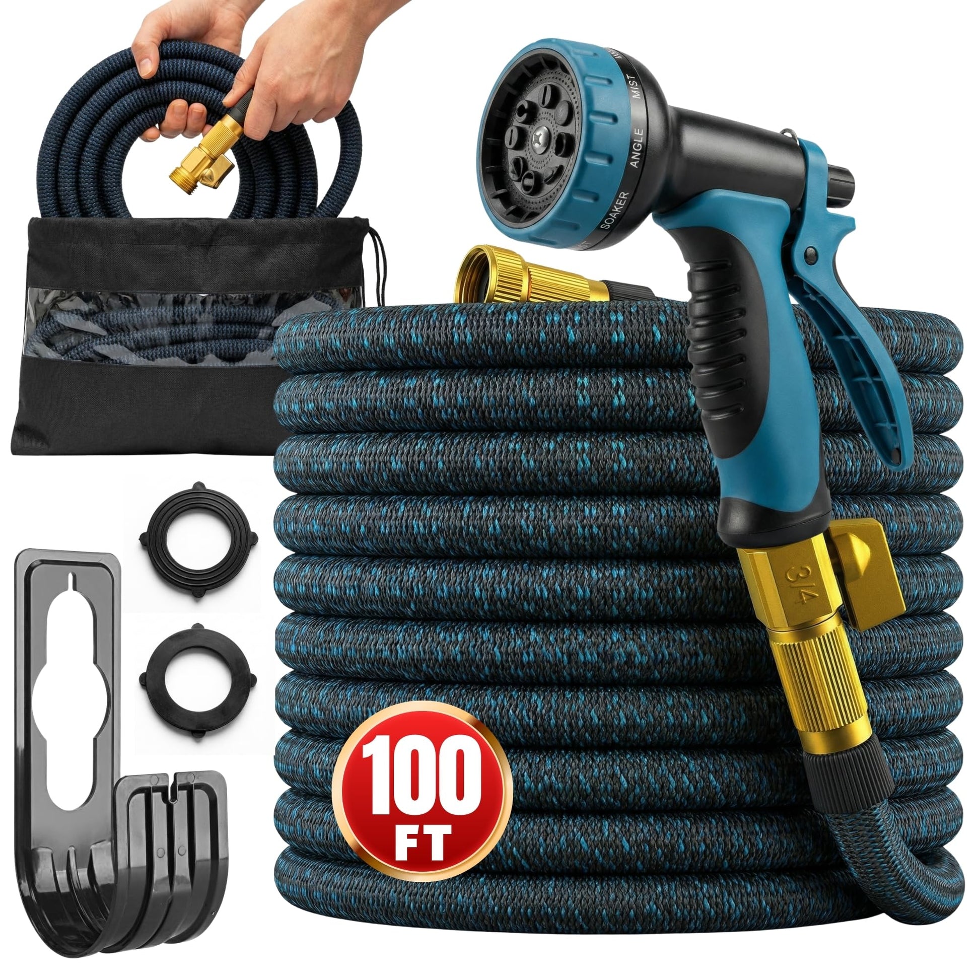 100ft Garden Hose with 10 Function Spray Nozzle, Expandable Garden Hose, 3/4" Easy Removal Solid Brass Connector, Flexible Water Hose, Extra Durable Material, Black&Blue by Luft - Available at All In One Marketplace Canada