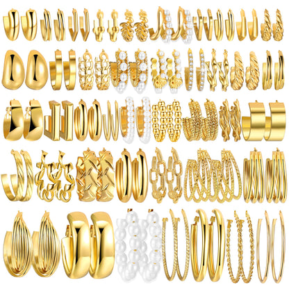 42 Pairs Gold Hoop Earrings Set for Women, Fashion Chunky Pearl Earrings Multipack Twisted Statement Earring Pack, Hypoallergenic Small Big Hoops Earring for Birthday Party Christmas Jewelry Gift 🍁 All In One Marketplace Canada