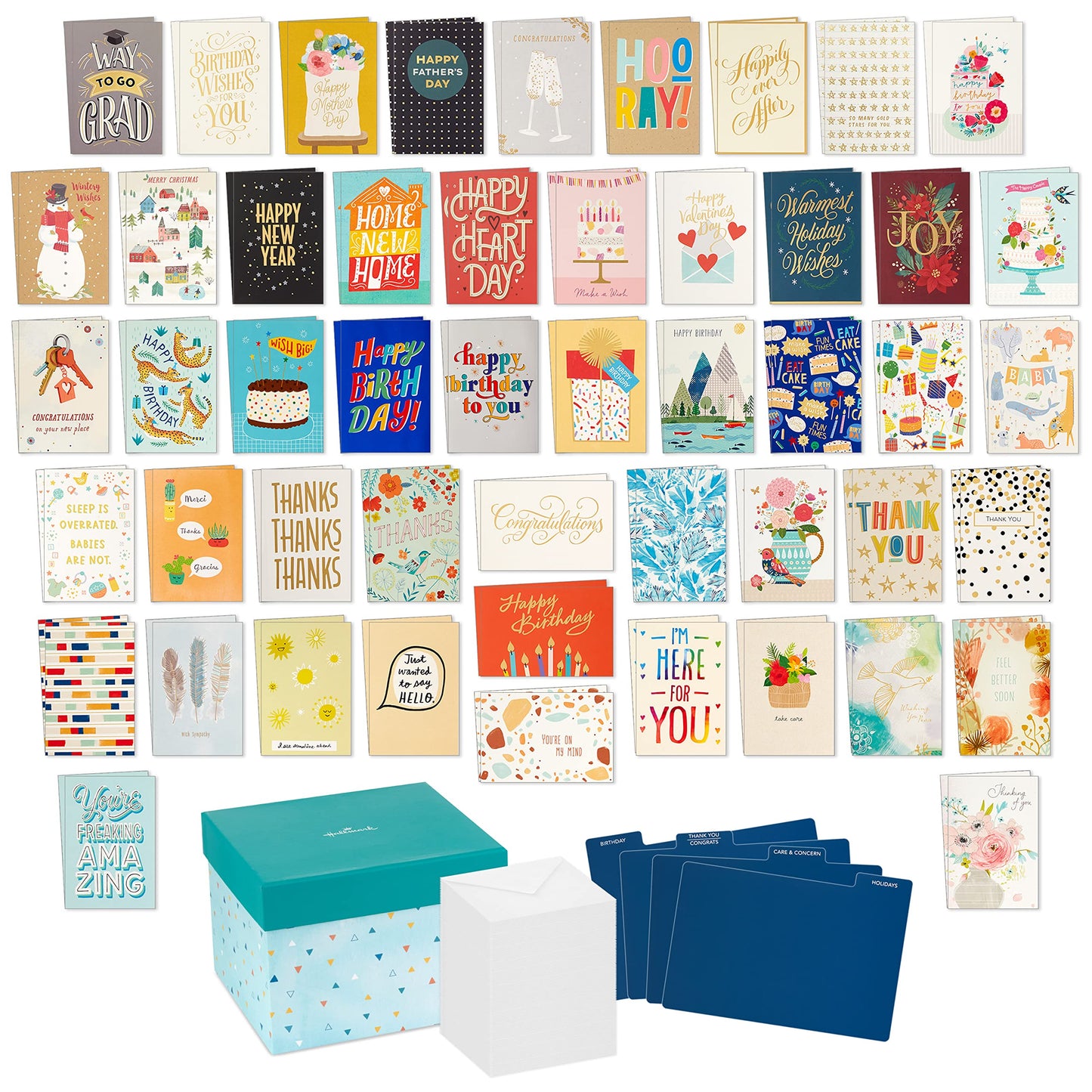 Hallmark All Occasion Boxed Set of Assorted Blank Greeting Cards with Card Organizer (Pack of 100)—Birthday, Thank You, Congratulations, Wedding, Baby, Thinking of You, Sympathy Hallmark