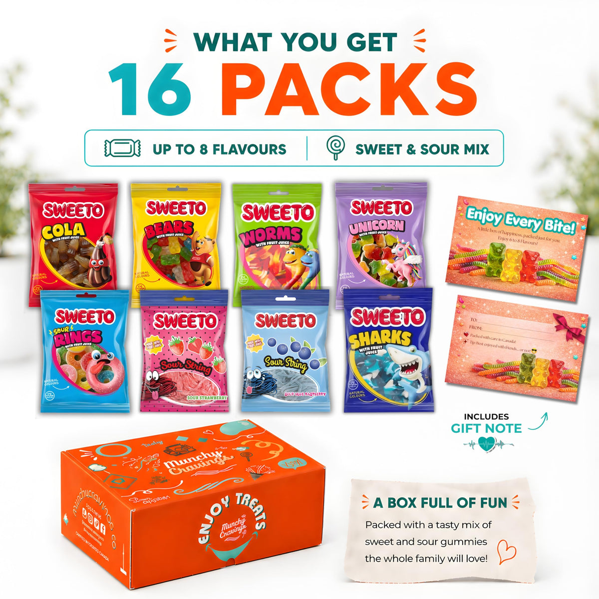 MunchyCravings Gummy Candy Variety Box (16 Packs, Up to 8 Flavours) – Snack Box with Sweet & Sour Gummies – Candy Gift Box for Men, Women, Kids & Adults – Care Package for Birthdays, Christmas & Halloween 🍁 All In One Marketplace Canada