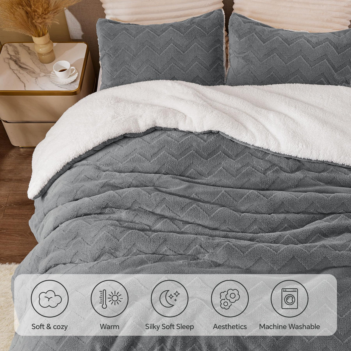 BEDELITE Fluffy Sherpa Queen Comforter Set,Grey 🍁 All In One Marketplace Canada