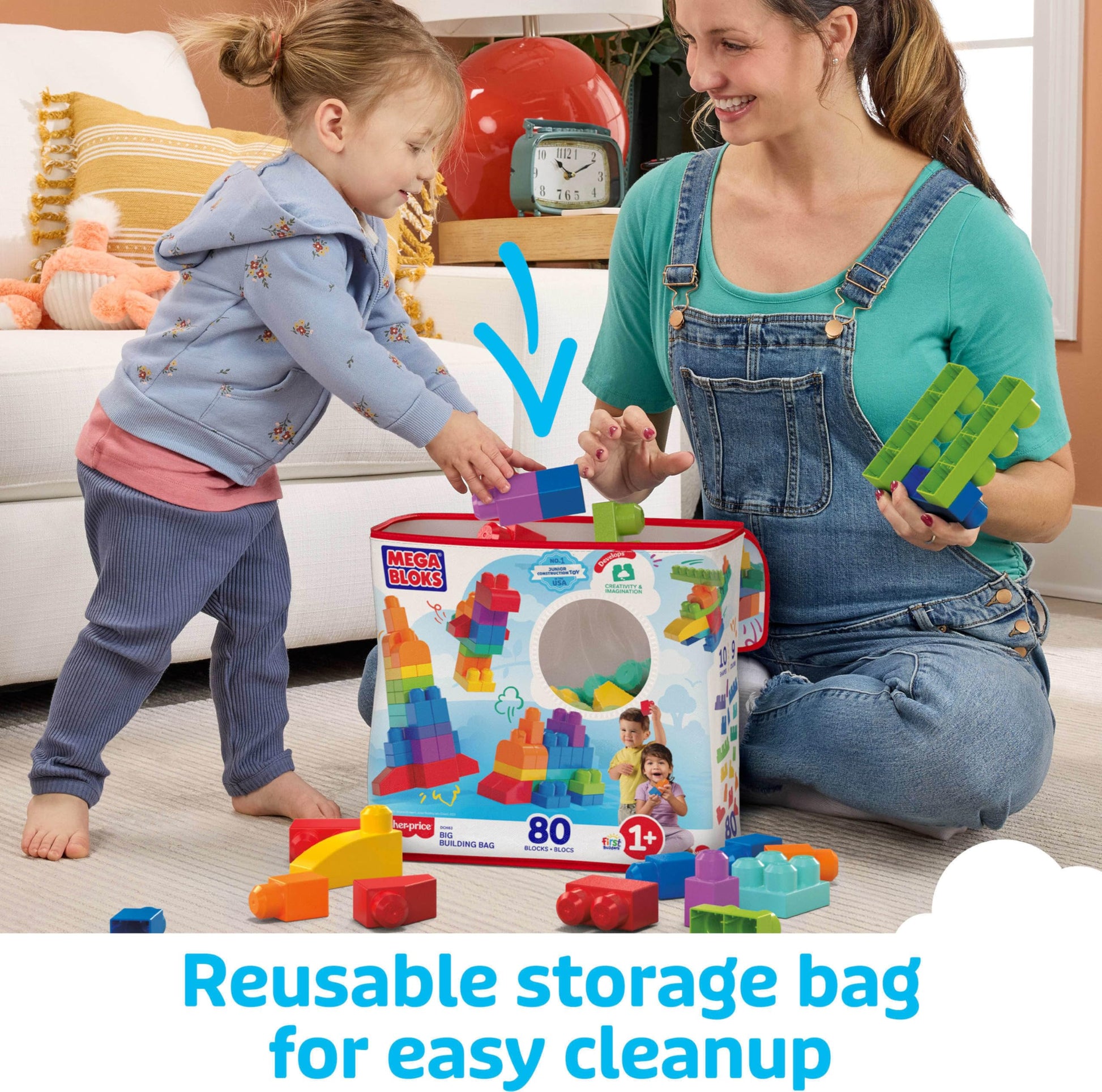 MEGA BLOKS First Builders Toddler Blocks Toys Set, Big Building Bag Collection with 80 Pieces and Storage, Blue, Ages 1+ Years