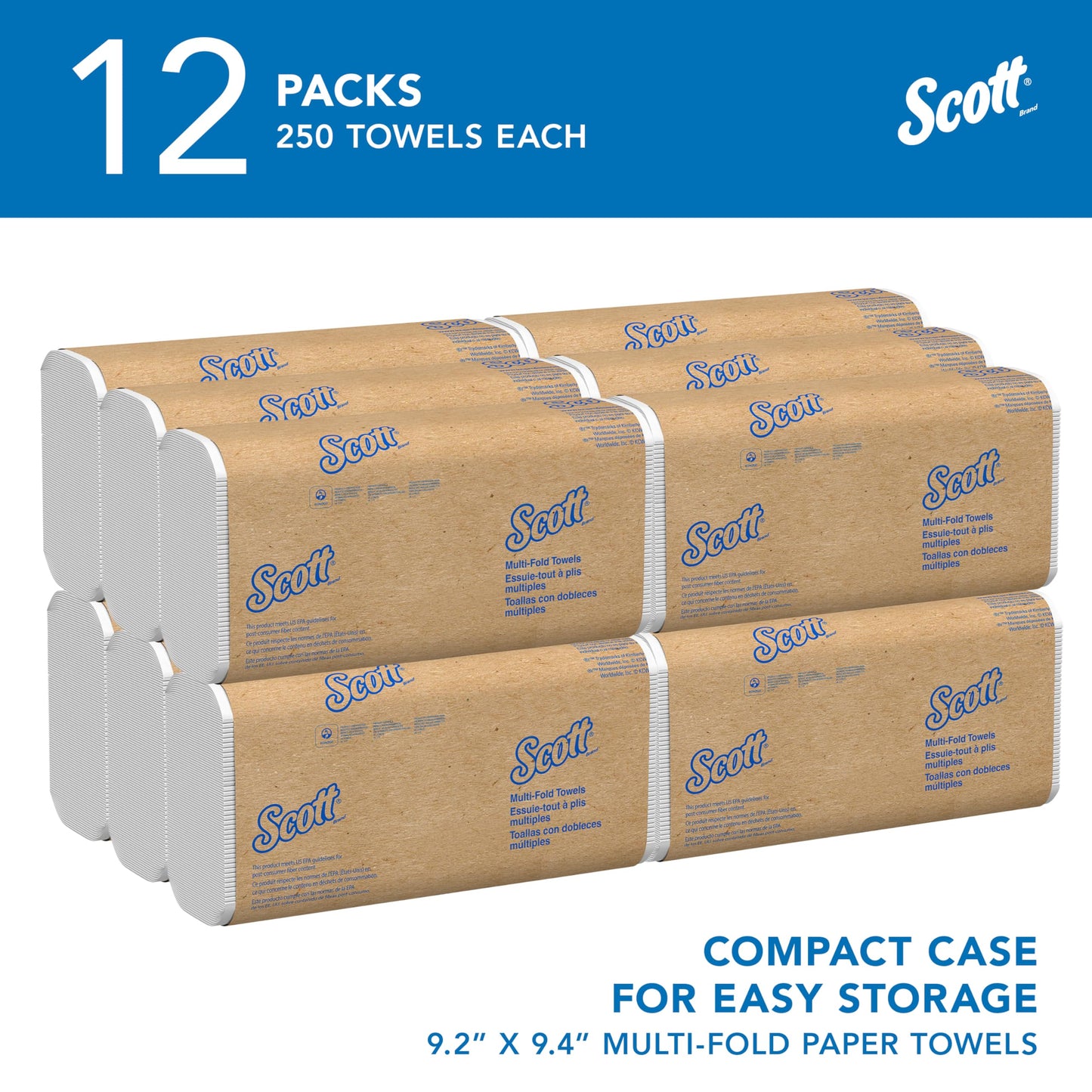 Scott Professional Universal Multifold Paper Towels, Bulk (03650), Absorbency Pockets, 9.2"x9.4", Compressed, Compact (250 Sheets/Pack, 12 Packs/Case, 3,000 Sheet Total) SCOTT PROFESSIONAL
