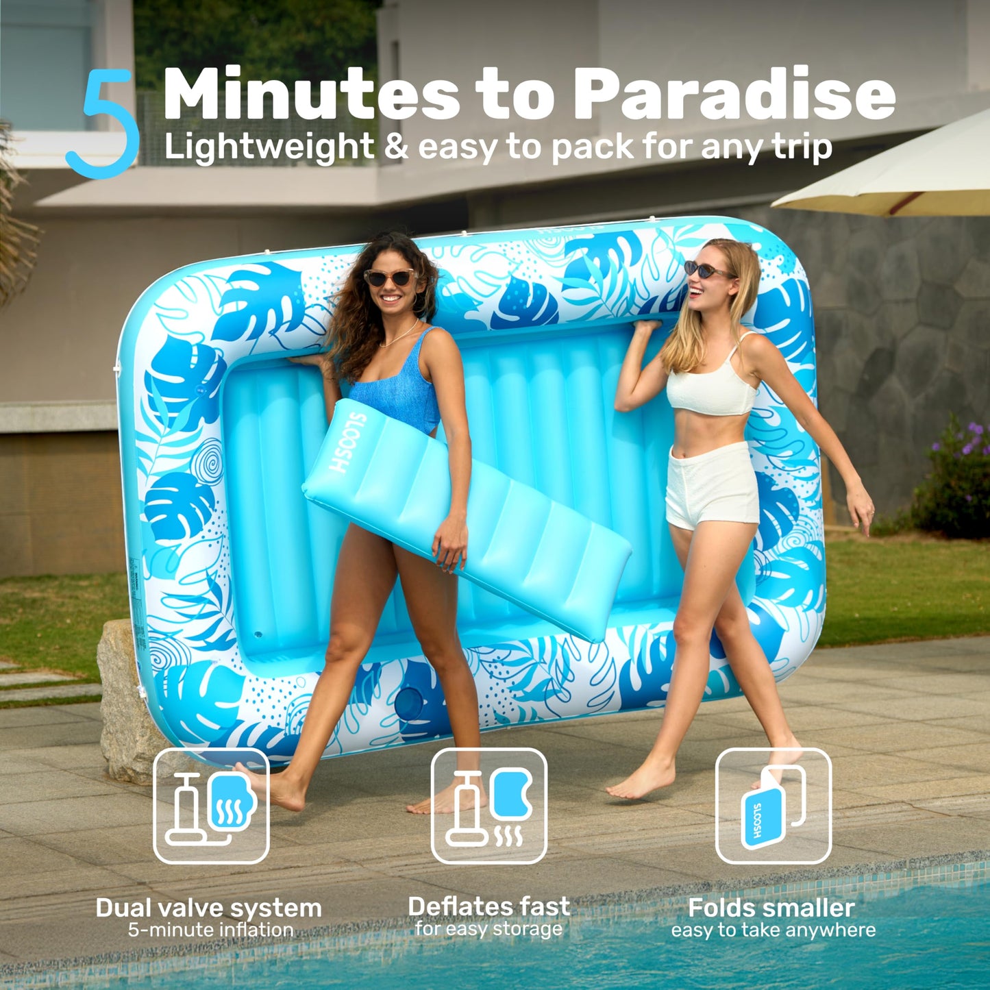 Sloosh Inflatable Tanning Pool Lounger Float-XL, 85" x 57" Extra Large Suntan Sun Tan tub for Adults, Bed Blow up, Raft Lounge Floatie, XL-Blue