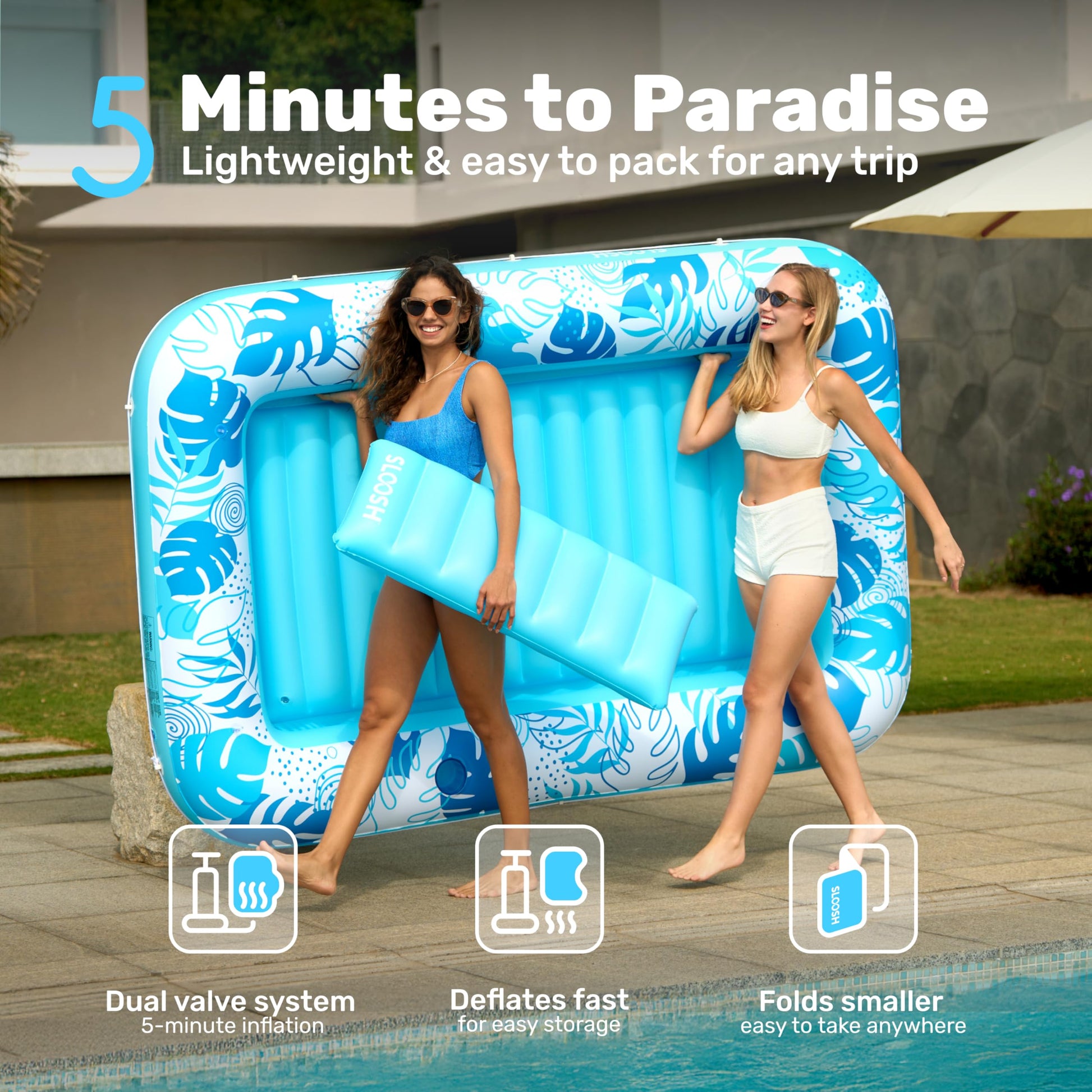 Sloosh Inflatable Tanning Pool Lounger Float-XL, 85" x 57" Extra Large Suntan Sun Tan tub for Adults, Bed Blow up, Raft Lounge Floatie, XL-Blue