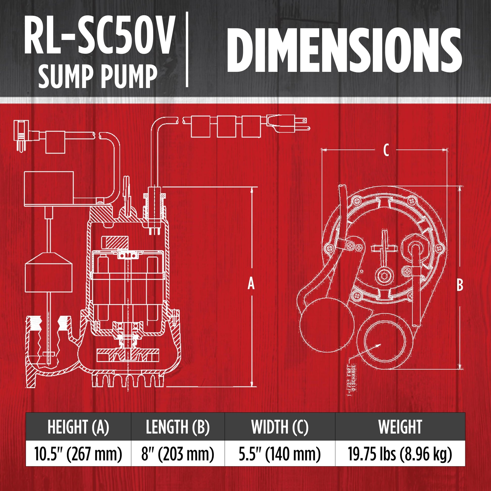 Red Lion RL-SC50V 115-Volt, 1/2 HP, 4300 GPH Cast Iron Sump Pump with Vertical Switch, 10-Ft. Cord, Red, 14942747 Red Lion