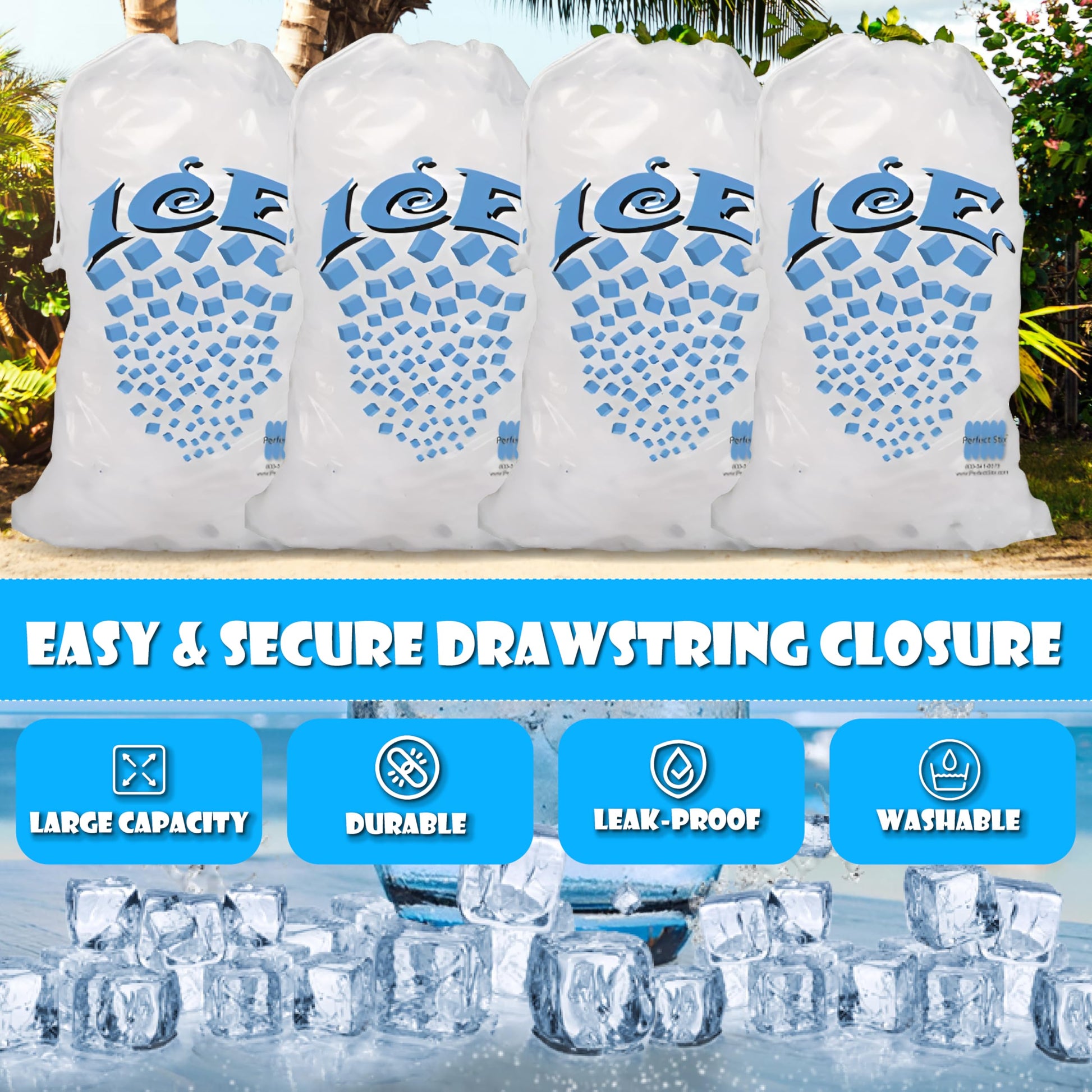 Concession Essentials 8 lb Drawstring Ice Bags – Pack of 100 | Durable Heavy-Duty Plastic Ice Storage Bags with Secure Drawstring Closure | Perfect for Ice Packaging, Parties, Camping, and Commercial Concession Essentials