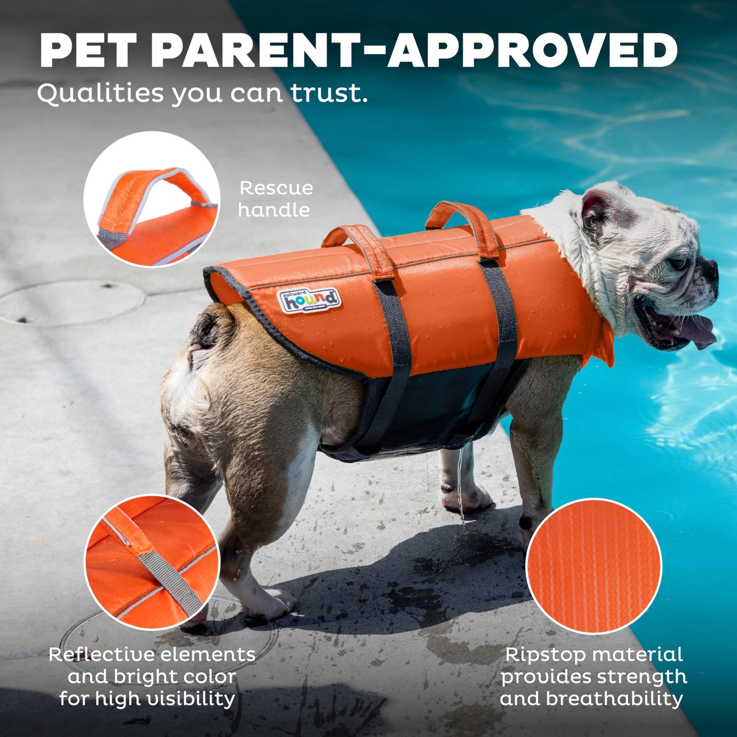 Outward Hound Granby Splash Dog Life Jacket with Handle, Reflective Floating Vest for Swimming & Boating, Maximum Buoyancy, All Skill Levels, Extra-Small Dogs & Puppies (11–15" Girth), Orange, X-Small