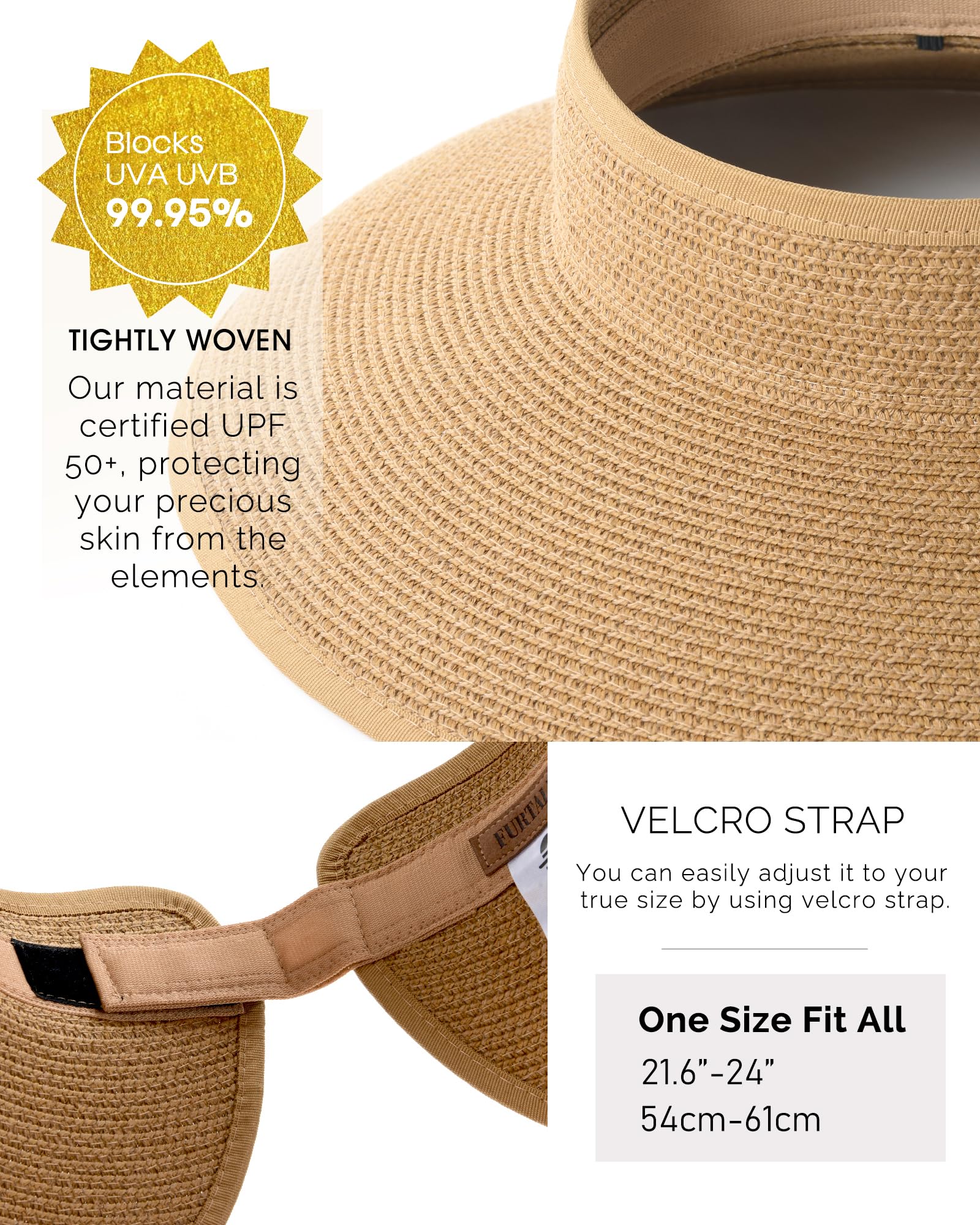 FURTALK Sun Visor Hats for Women Wide Brim Straw Roll Up Ponytail Summer Beach Hat UV UPF 50 Packable Foldable Travel - Available at All In One Marketplace Canada