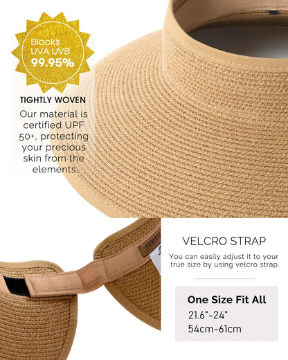 FURTALK Sun Visor Hats for Women Wide Brim Straw Roll Up Ponytail Summer Beach Hat UV UPF 50 Packable Foldable Travel - Available at All In One Marketplace Canada