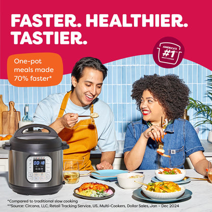 Autocuiseur électrique 7-en-1 Instant Pot Duo, mijoteuse, cuiseur à riz, cuit-vapeur, sauteuse, yaourtière, chauffe-plat et stérilisateur, 8 litres, acier inoxydable/noir