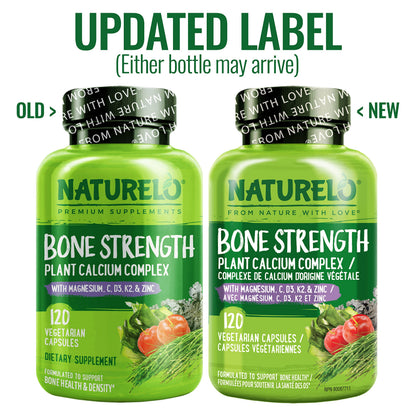 NATURELO Calcium Supplement with Vitamin C, D3, K2, Magnesium & Zinc for Bone Strength, 120 Vegetarian Capsules, with Plant-Based Calcium 600mg, Non-GMO, Soy & Gluten-Free - Available at All In One Marketplace Canada
