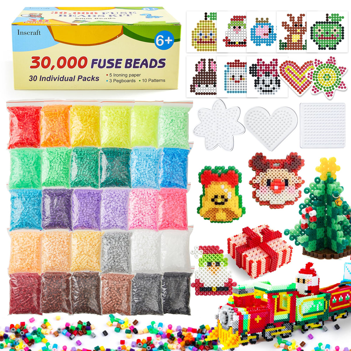 30,000 Fuse Beads Kit-30 Individual Packs of Iron Beads Set with 3 Pegboards, 5 Ironing Paper, 10 Patterns, Gifts for Birthday Christmas, Multicolor 5mm Melty Beads Bulk Refill Kit 🍁 All In One Marketplace Canada