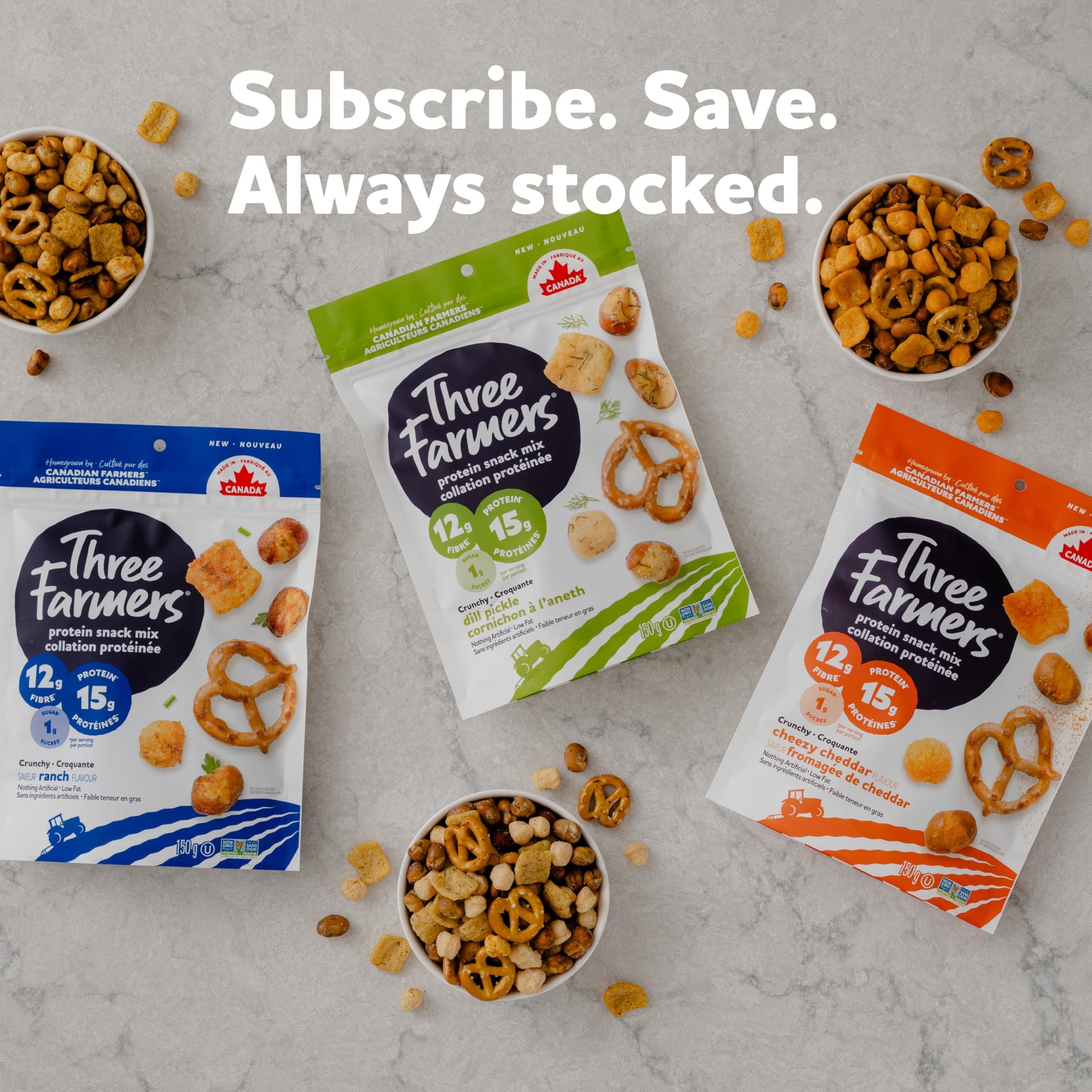 Three Farmers Protein Snack Mix – 15g Protein, 12g Fibre, Roasted Fava & Pea Puffs with Pretzels (3 x 150g)