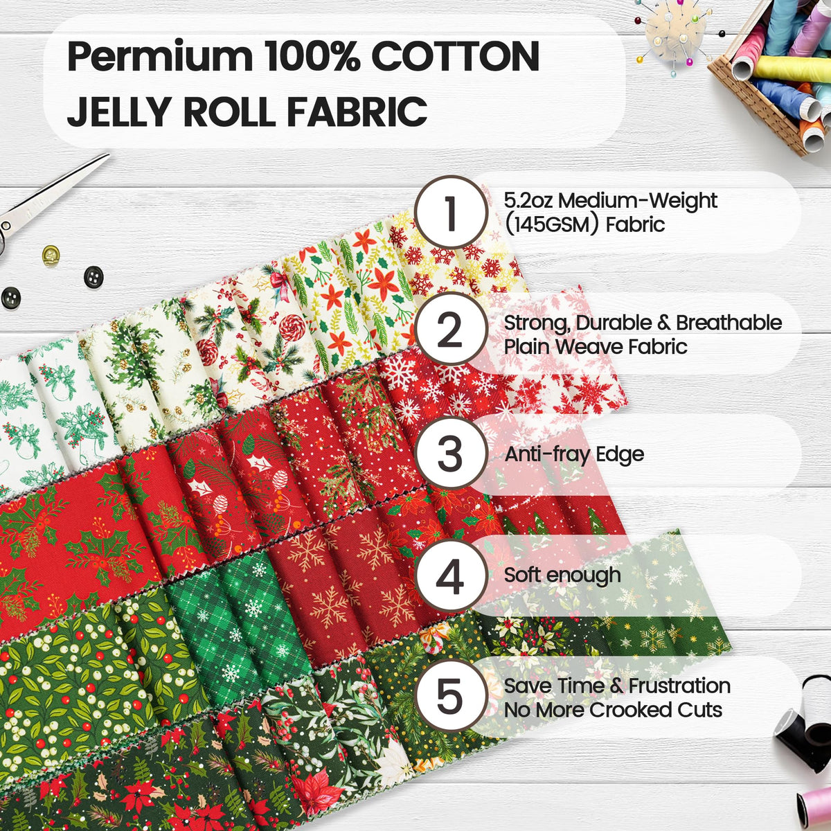 Craftido-20 Options-100% Cotton Jelly Roll Fabric Precut Strips for Quilting, Crafting, and Sewing, 40 Strips 2.5" x 44" Assorted Bundles for Rugs, Quilts, DIY Crafts and Home Decor-Winter Christmas 🍁 All In One Marketplace Canada