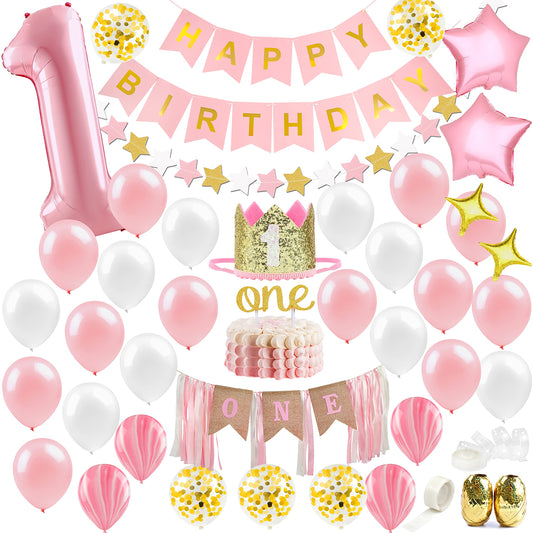 Baby Girl First Birthday Decorations - 1st Birthday Girl Decoration Pink Gold Party Supplies - Happy First Birthday Banner, Number 1 Balloon and Crown, Balloon Arch, High Chair Banner, ONE Cake Topper 🍁 All In One Marketplace Canada