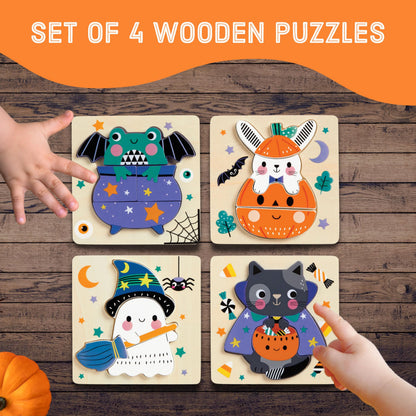 Mudpuppy Halloween – Set of 4 Wooden 4 Piece Puzzles Featuring A Colorful Halloween Scene with Adorable Characters