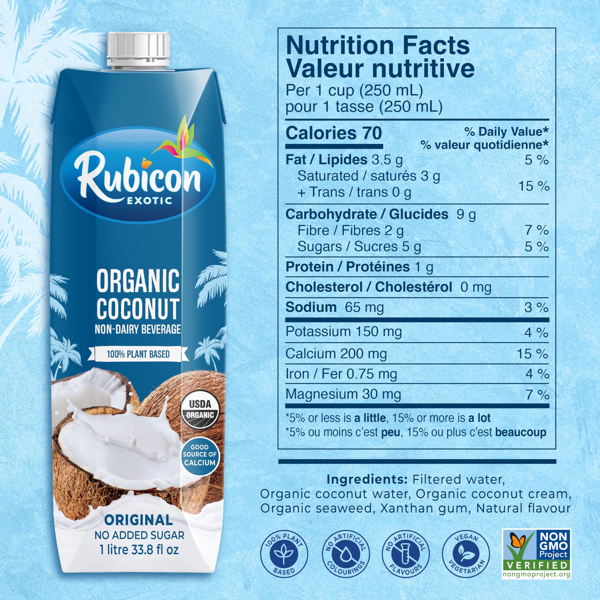 Rubicon Organic Coconut Plant-Based Milk | 1L Cartons | Calcium-Fortified | No Added Sugar | Vegan & Vegetarian | Pack of 8
