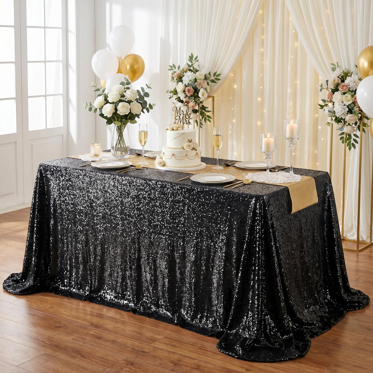 SoarDream Black Sequin Tablecloth 90x132 Inch Sequence Halloween Party Tablecloth Sequin Fabric Wedding Birthday Graduation Cake Table Decorations