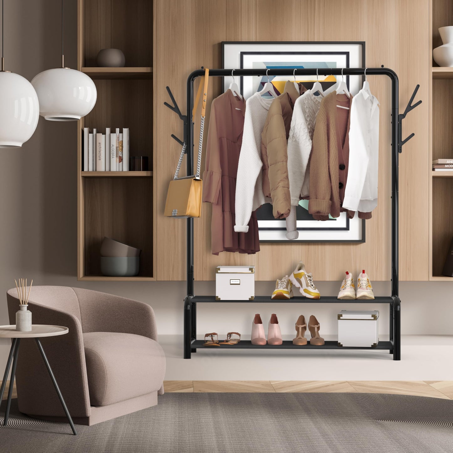 Simple Houseware 52-Inch Garment Rack with Storage Shelves and Coat/Hat Hanging Hooks, Black - Available at All In One Marketplace Canada
