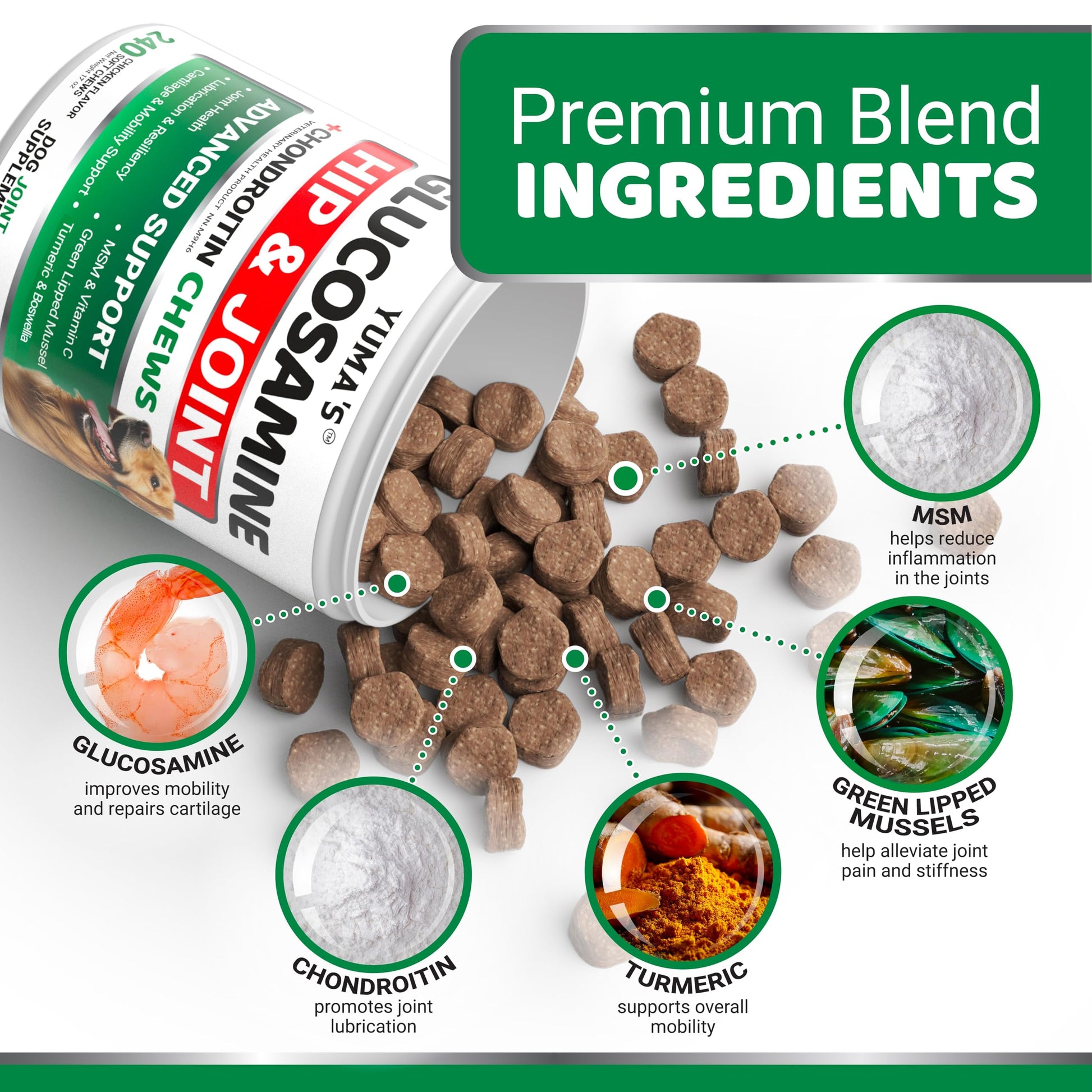 Glucosamine for Dogs - 240 Chews - Hip and Joint Supplement for Dogs with Chondroitin, MSM & Turmeric - Joint Pain Relief for Senior Dogs - All Breeds - Mobility Support - Value Pack - Made in USA - Available at All In One Marketplace Canada