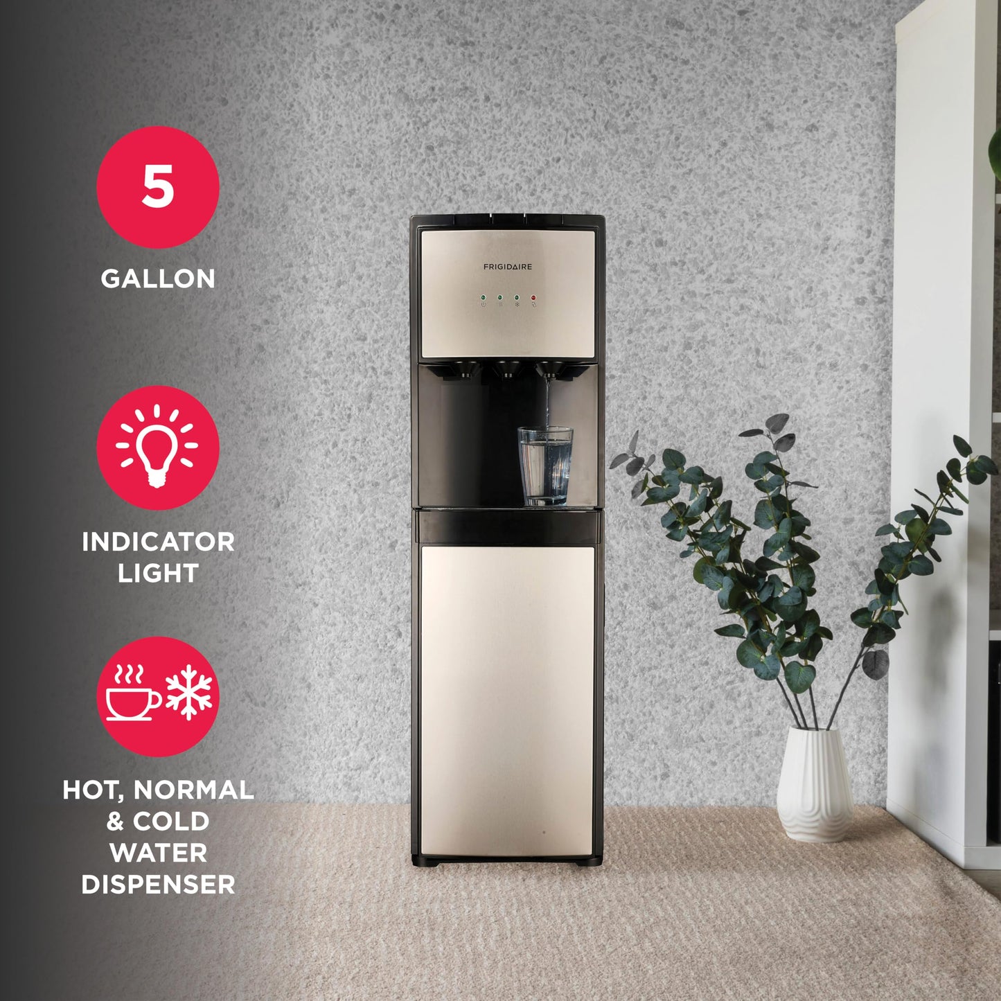 Frigidaire, 5 Gallon Bottom Loading Hot and Cold Water Dispenser, Stainless Steel Frigidaire