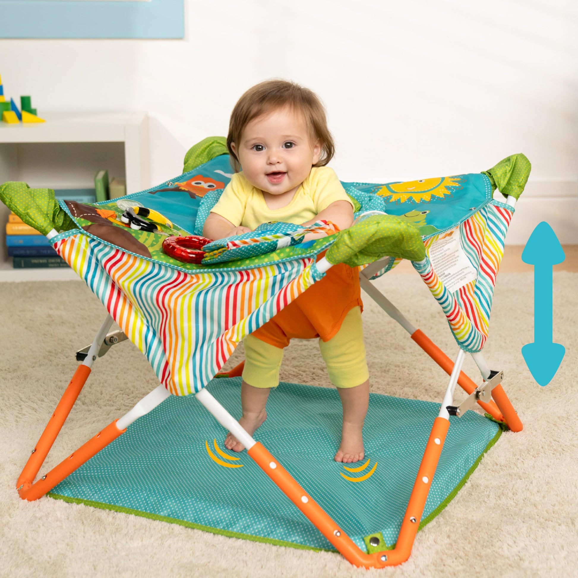 Bright Starts Pop 'N Jump Portable Activity Jumper, Indoor/Outdoor Use, Owl Forest with 4 Sensory Toys, Ages 6-12 Months Bright Starts