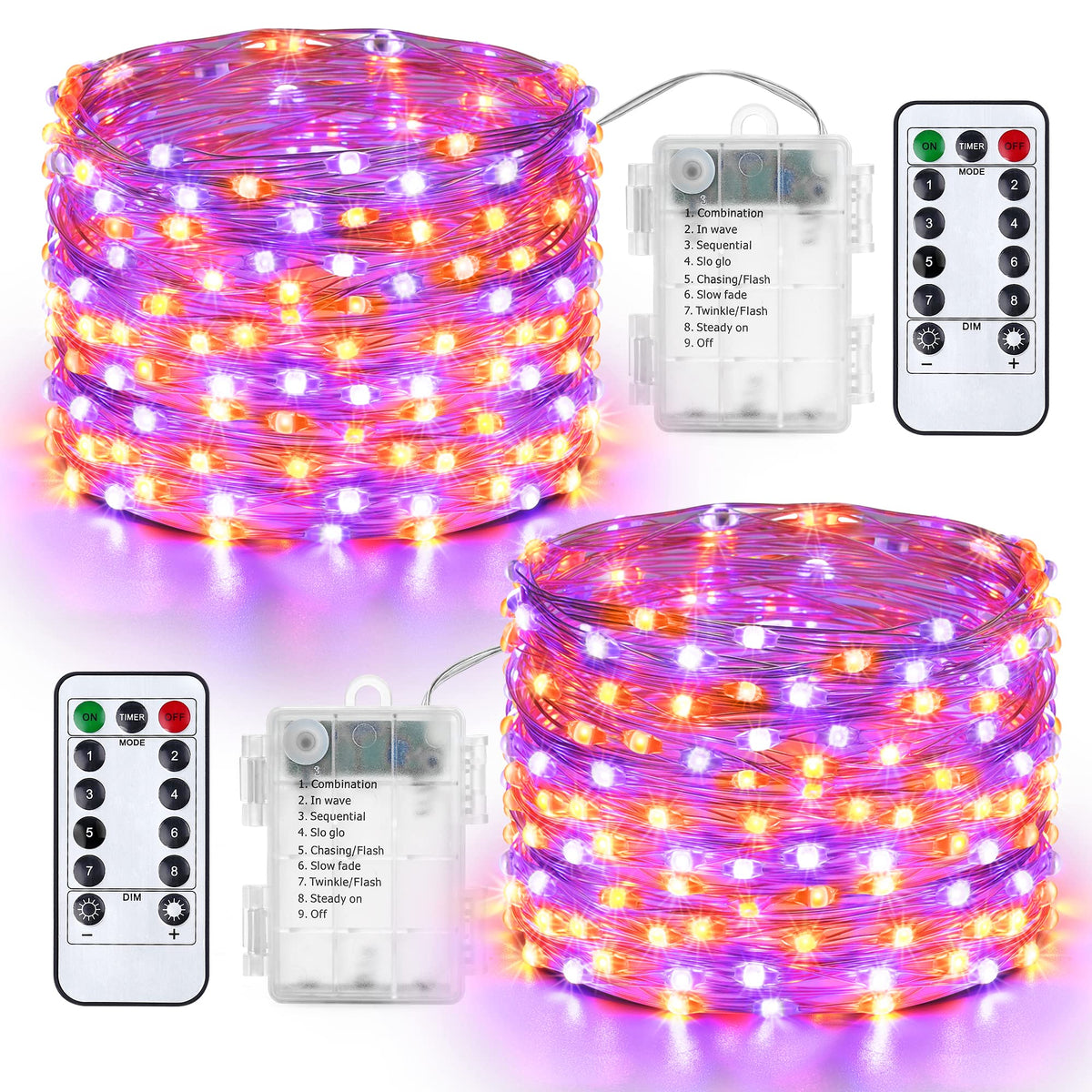 Lyhope Orange Purple Halloween Lights, 2 Pack 33ft 100 Led Battery Halloween Lights, Waterproof 8 Modes with Remote Copper Wire String Lights for Halloween Holiday Party Carnival Graveyard Decorations 🍁 All In One Marketplace Canada