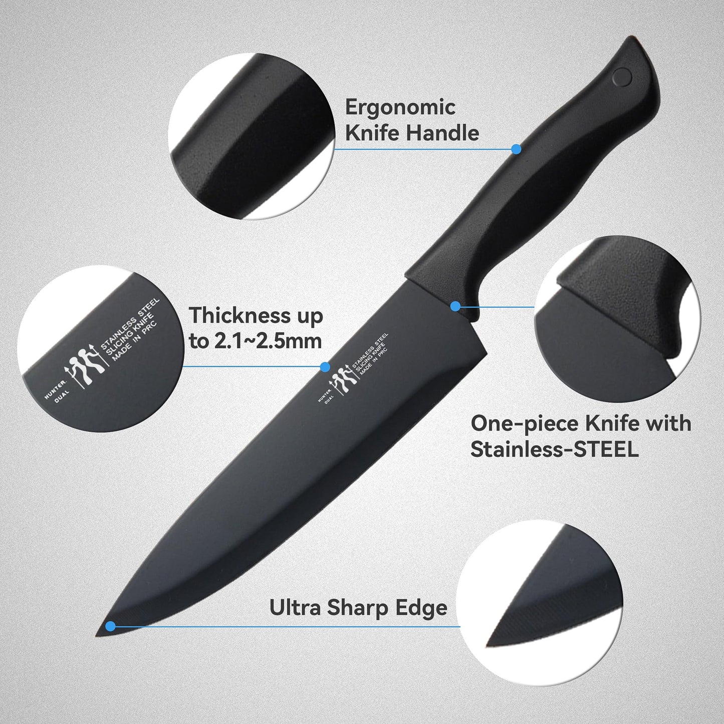 HUNTER.DUAL Knife Set, Dishwasher Safe Kitchen Knife Set with Block, 15 Pcs Black Kitchen Knife Sets with Block Self Sharpening, 6 Steak Knives, Black