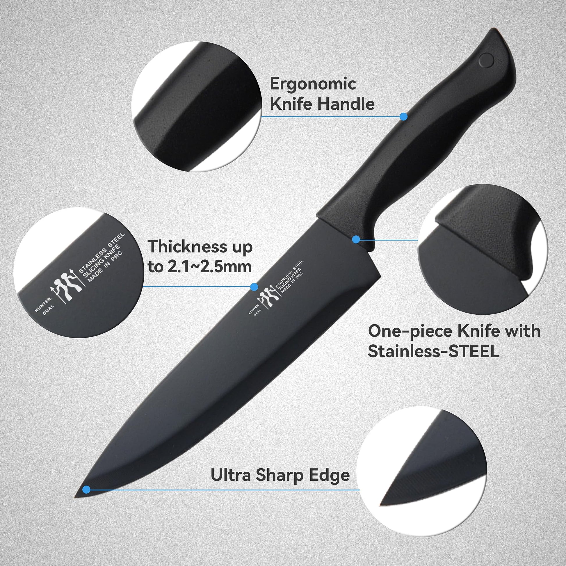 HUNTER.DUAL Knife Set, Dishwasher Safe Kitchen Knife Set with Block, 15 Pcs Black Kitchen Knife Sets with Block Self Sharpening, 6 Steak Knives, Black