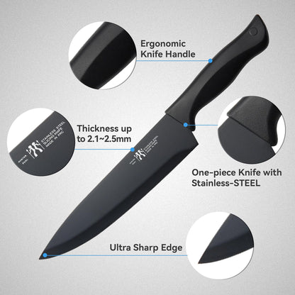 HUNTER.DUAL Knife Set, Dishwasher Safe Kitchen Knife Set with Block, 15 Pcs Black Kitchen Knife Sets with Block Self Sharpening, 6 Steak Knives, Black