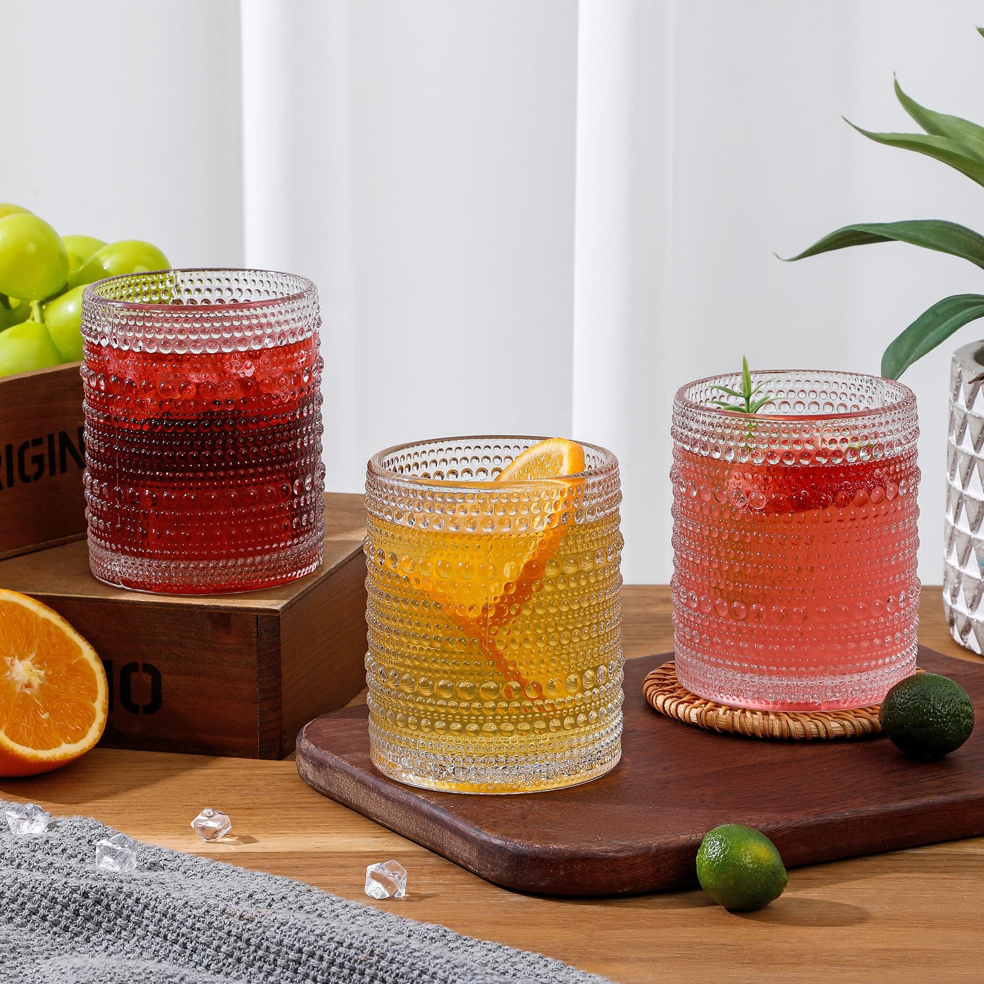 HomeVogue Hobnail Drinking Glasses Set of 6,12 oz Vintage Glassware Set Cocktail Glass Set, Embossed Clear Water Tumbler,for Beer, Whiskey,Juice and Various Mixed Drinks (Clear) - Available at All In One Marketplace Canada