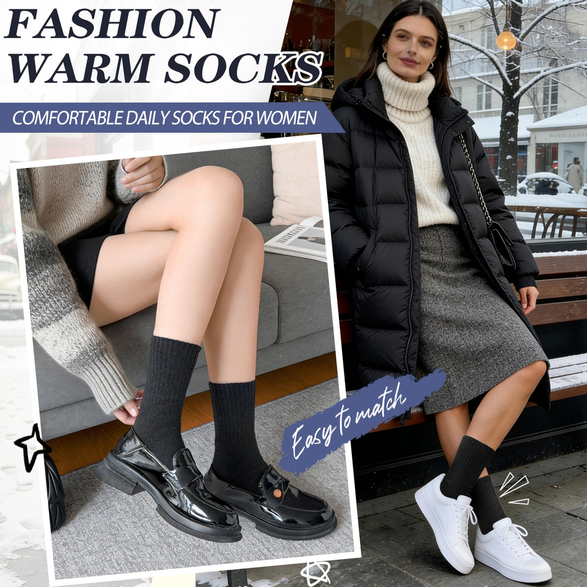 Merino Wool Socks for Womens Thermal Winter Hiking Thick Warm Crew Cozy Comfy Work Gifts Stocking Stuffers for Womens Socks 5 Pairs (Plain Black) 🍁 All In One Marketplace Canada
