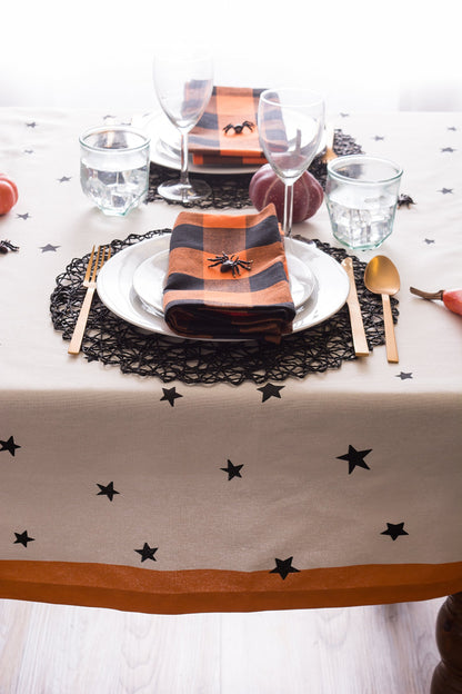 Nappe d'Halloween imprimée DII 100 % coton, lavable en machine, 132 x 132 cm, pour 4 personnes, étoiles et araignées noires