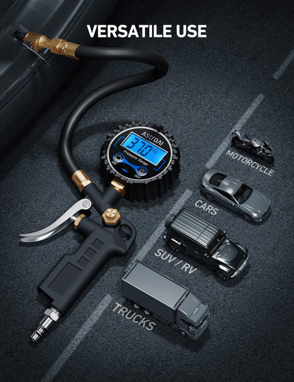 AstroAI Digital Tire Inflator with Pressure Gauge 250 PSI, Heavy Duty Air Compressor Accessory with Precision Air Chuck, Backlit LCD, 4 Unit Settings, Compatible with Car, Truck, SUV & Motorcycle