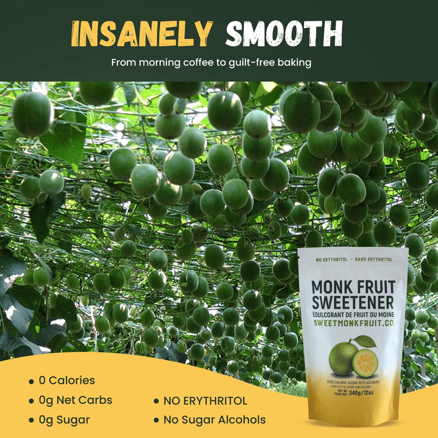 SweetMonkFruit Pure Monk Fruit Sweetener - No Erythritol, Zero Calorie, Keto-Friendly, 340g