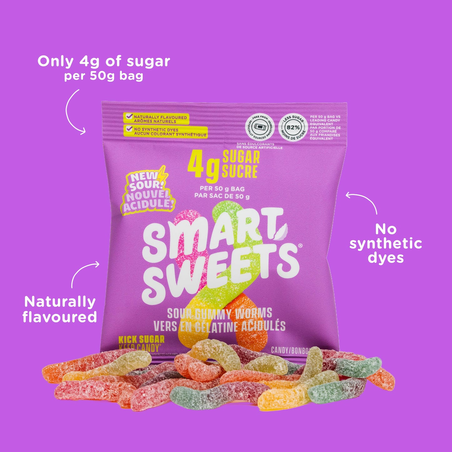 SmartSweets Sour Gummy Worms 50g (Pack of 14) – Low Sugar, Low Calorie, Gluten-Free Candy