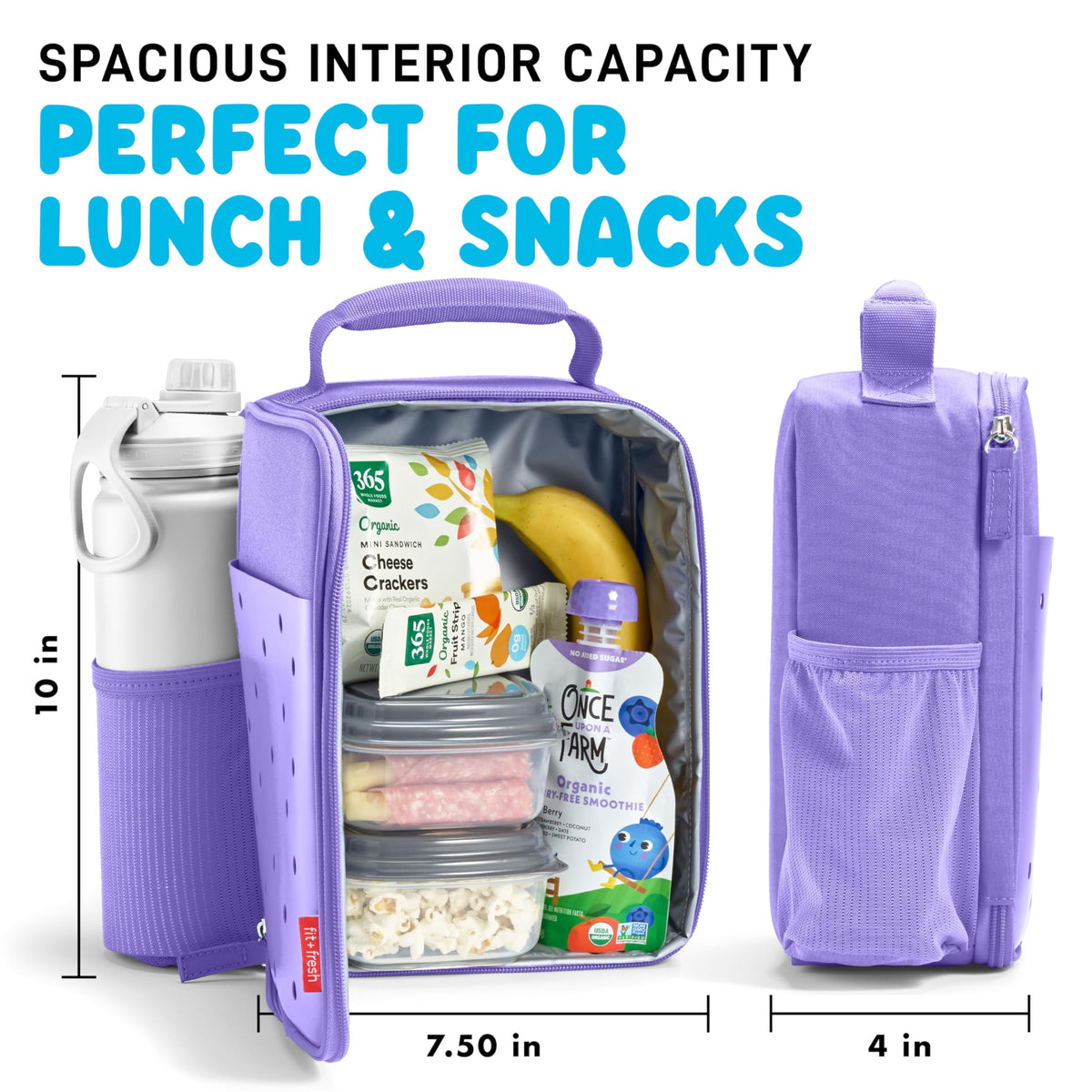 Fit & Fresh Charm Lunch Bag for Kids, Thermal Insulated Lunch Box for Kids Boys & Girls with Shoe Charm Slots for Personalization, School Lunch Box, Purple