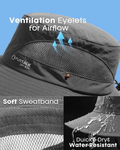 FURTALK Mens Bucket Sun Hat UPF 80+ Wide Brim Hiking Fishing Beach Outdoor Hats Dark Grey - Available at All In One Marketplace Canada