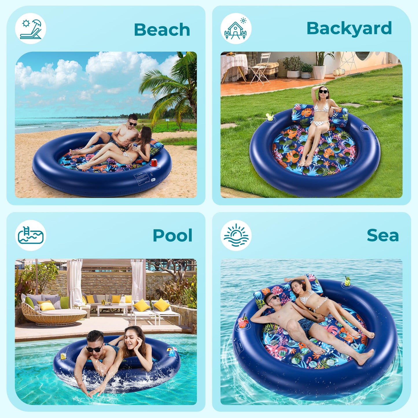 2-Person Pool Floaties for Adults Heavy Duty, Giant 75"X75" Inflatable Pool Matswith Canopy, Cup Holders, Detachable Headrest, Multi-Purpose Water Lounger for Pool Party, Lake, Beach, River, Outdoor