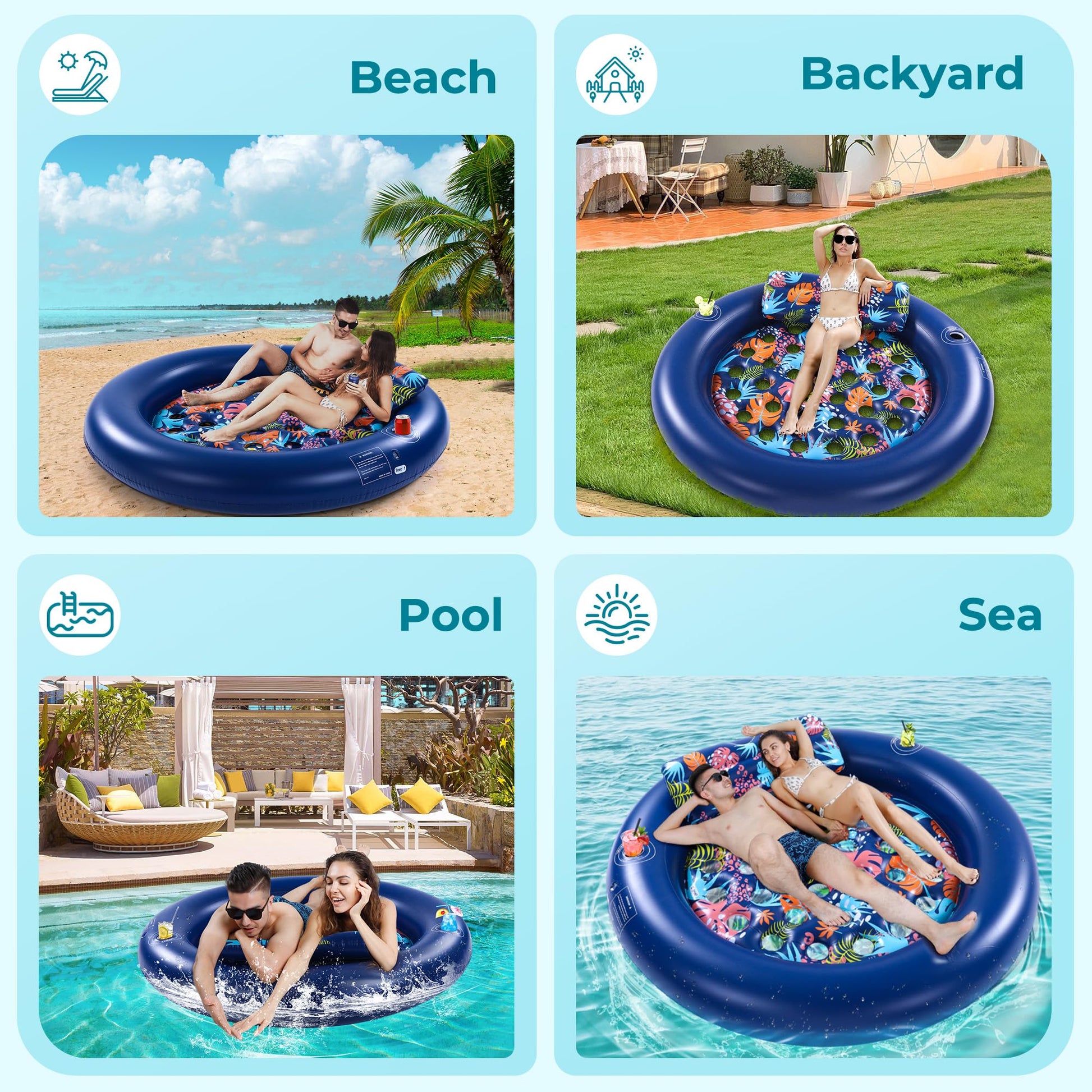 2-Person Pool Floaties for Adults Heavy Duty, Giant 75"X75" Inflatable Pool Matswith Canopy, Cup Holders, Detachable Headrest, Multi-Purpose Water Lounger for Pool Party, Lake, Beach, River, Outdoor