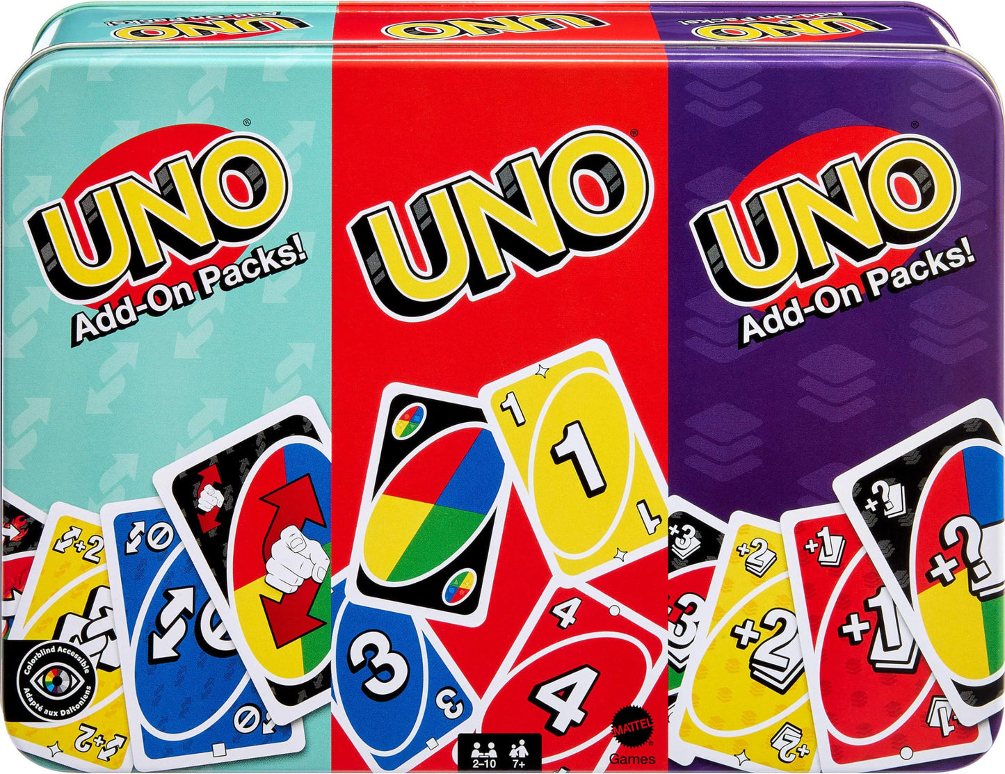 Jeu de cartes UNO Mattel Games avec 2 paquets d'extension et une boîte de rangement en métal