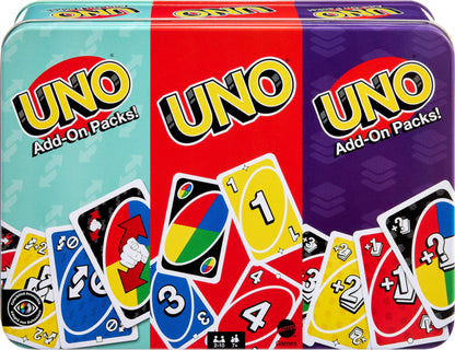 Jeu de cartes UNO Mattel Games avec 2 paquets d'extension et une boîte de rangement en métal